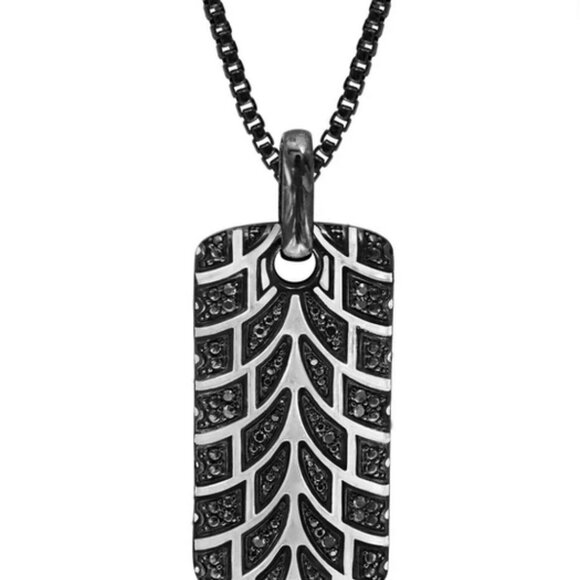 Rhodium Plated Sterling Silver “Racer” Tire Tread Black Diamond Tag With Chain - Picture 8 of 9
